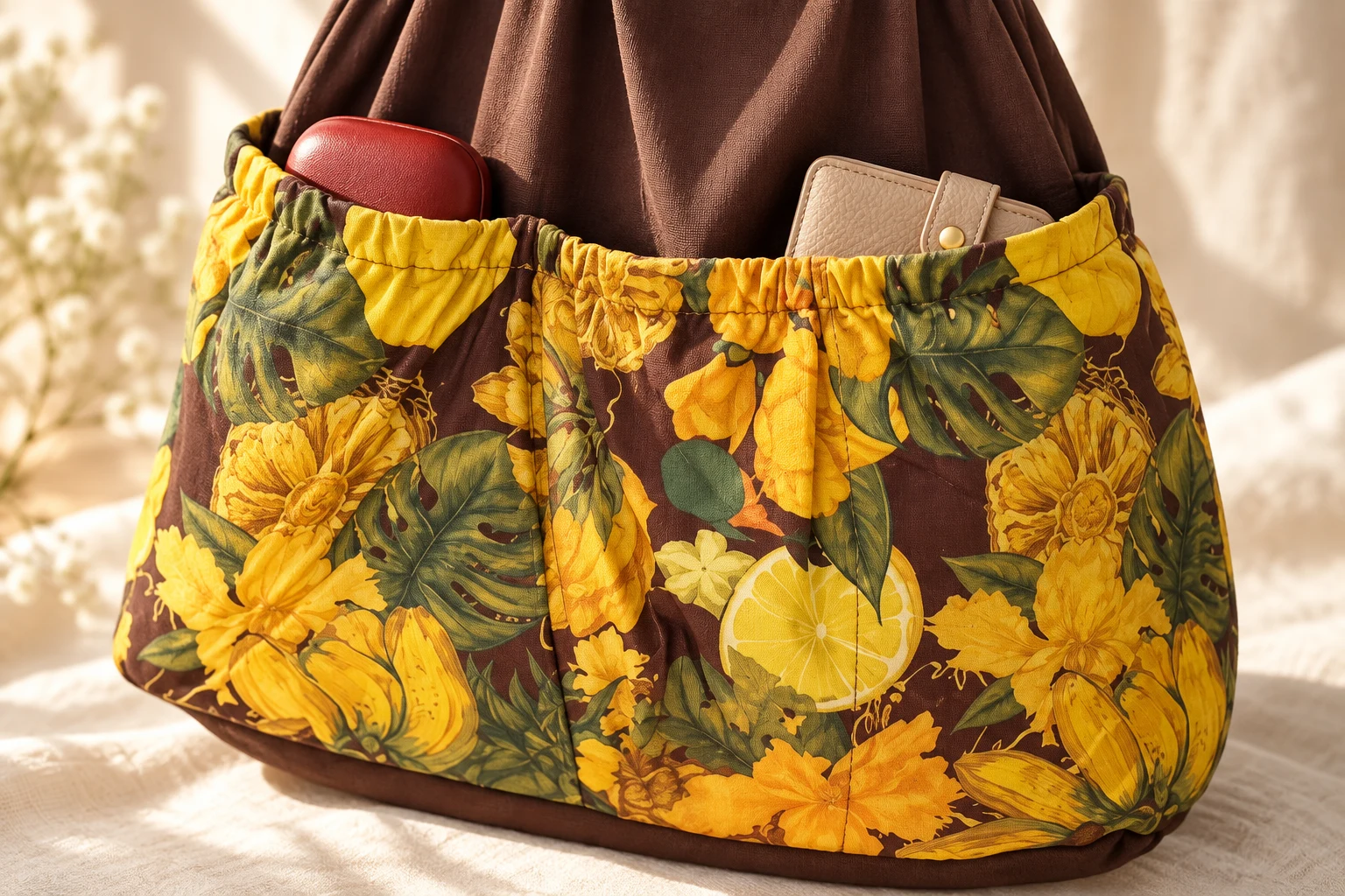 Gathered floral exterior pockets holding a glasses case and a small wallet