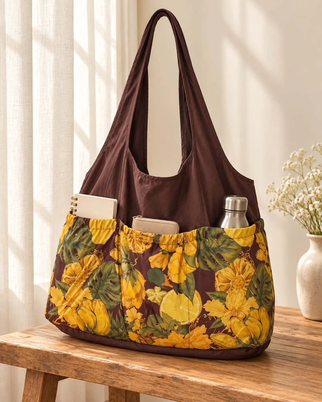 Golden floral organizer tote with everyday essentials on a sunlit wooden bench